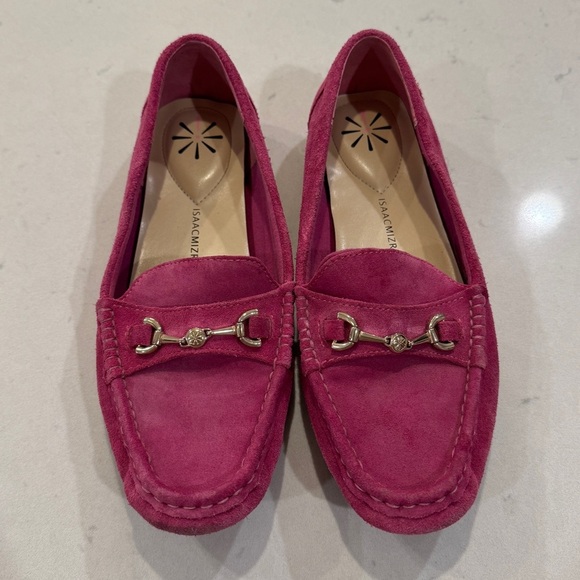 Isaac Mizrahi Annie Pink Suede Horse Bit Driving Moccasins Loafers Size 8 - Picture 1 of 6